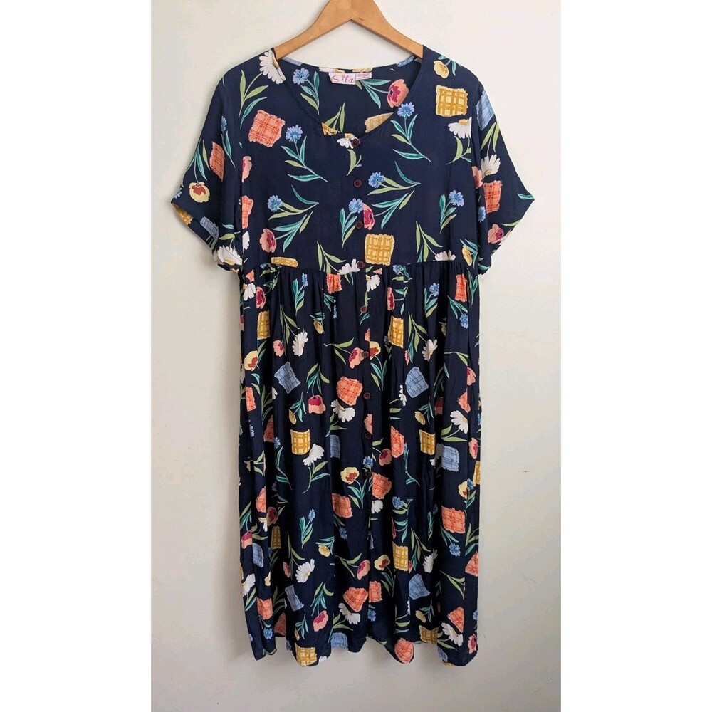 90s Crinkle Rayon Maxi Dress Blue Floral Boho M Short Sleeve Flowy Cottage Retro